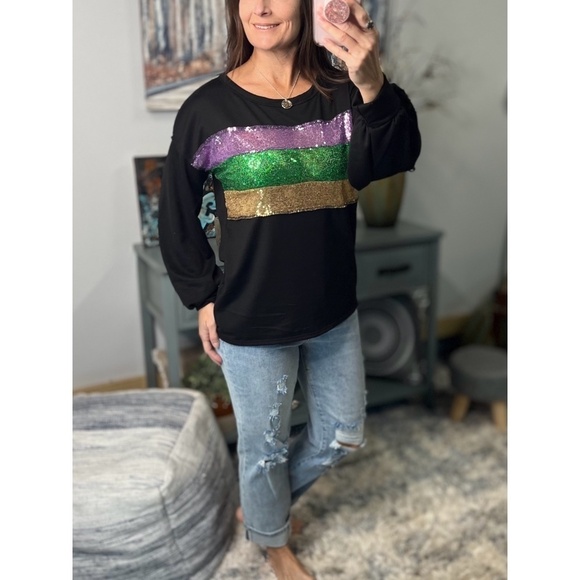 Mardi Gras Sequined Color Block French Terry Purple Green Gold Black 1123 - Picture 10 of 11